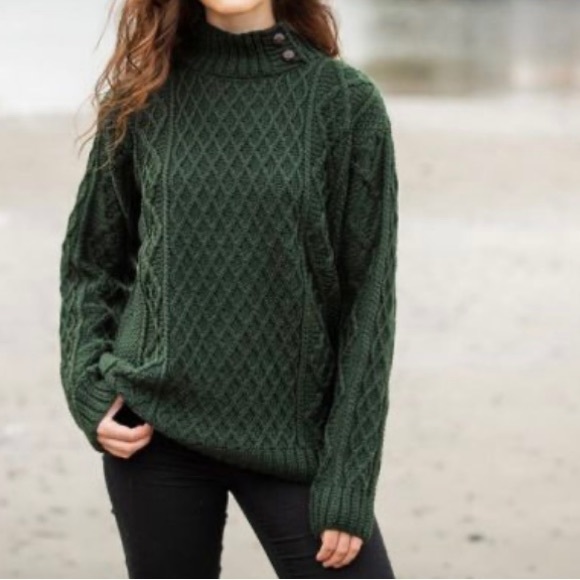 Aran Sweaters - Womens Glengarriff Aran Fisherman Wool Emerald Green Sweater Made in Ireland XL